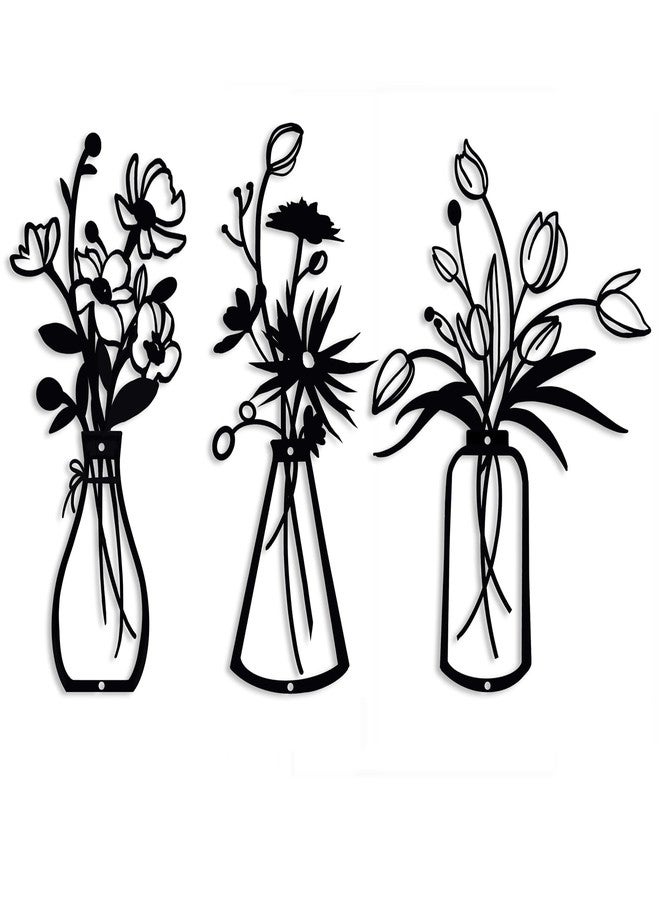 Floroom 3 Pieces Black Metal Flower Wall Decor Minimalist Vases Rustic Farmhouse Hanging Art for Living Room, Dining Room, Kitchen, Bedroom, Bathroom - Image 1